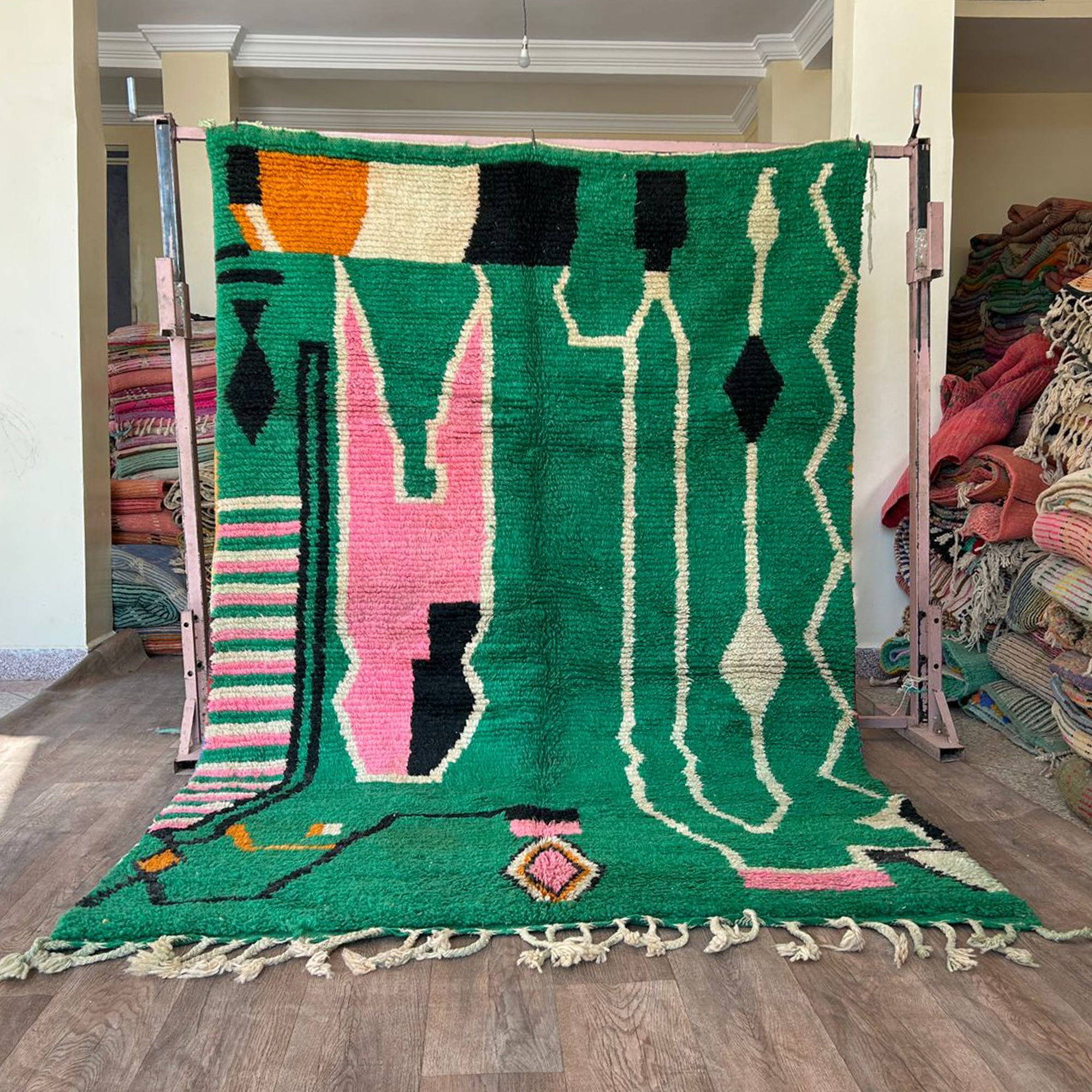 Handmade Moroccan Berber Wool Area Rug- Abstract Green Design with Pink and Black Accents-Boujaad Rug - Large Custom Rug-Tribal Berber Rug