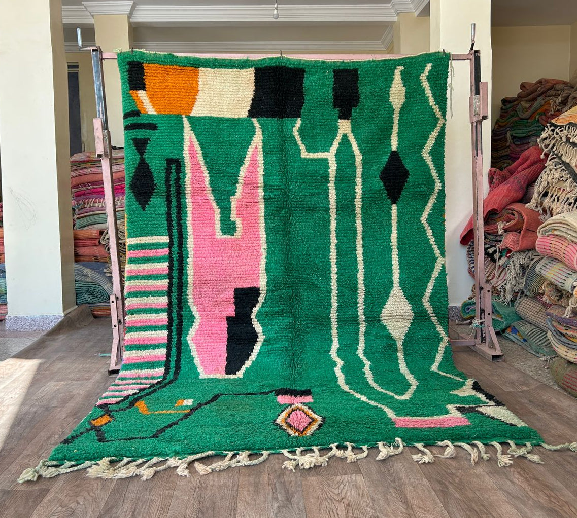 Handmade Moroccan Berber Wool Area Rug- Abstract Green Design with Pink and Black Accents-Boujaad Rug - Large Custom Rug-Tribal Berber Rug