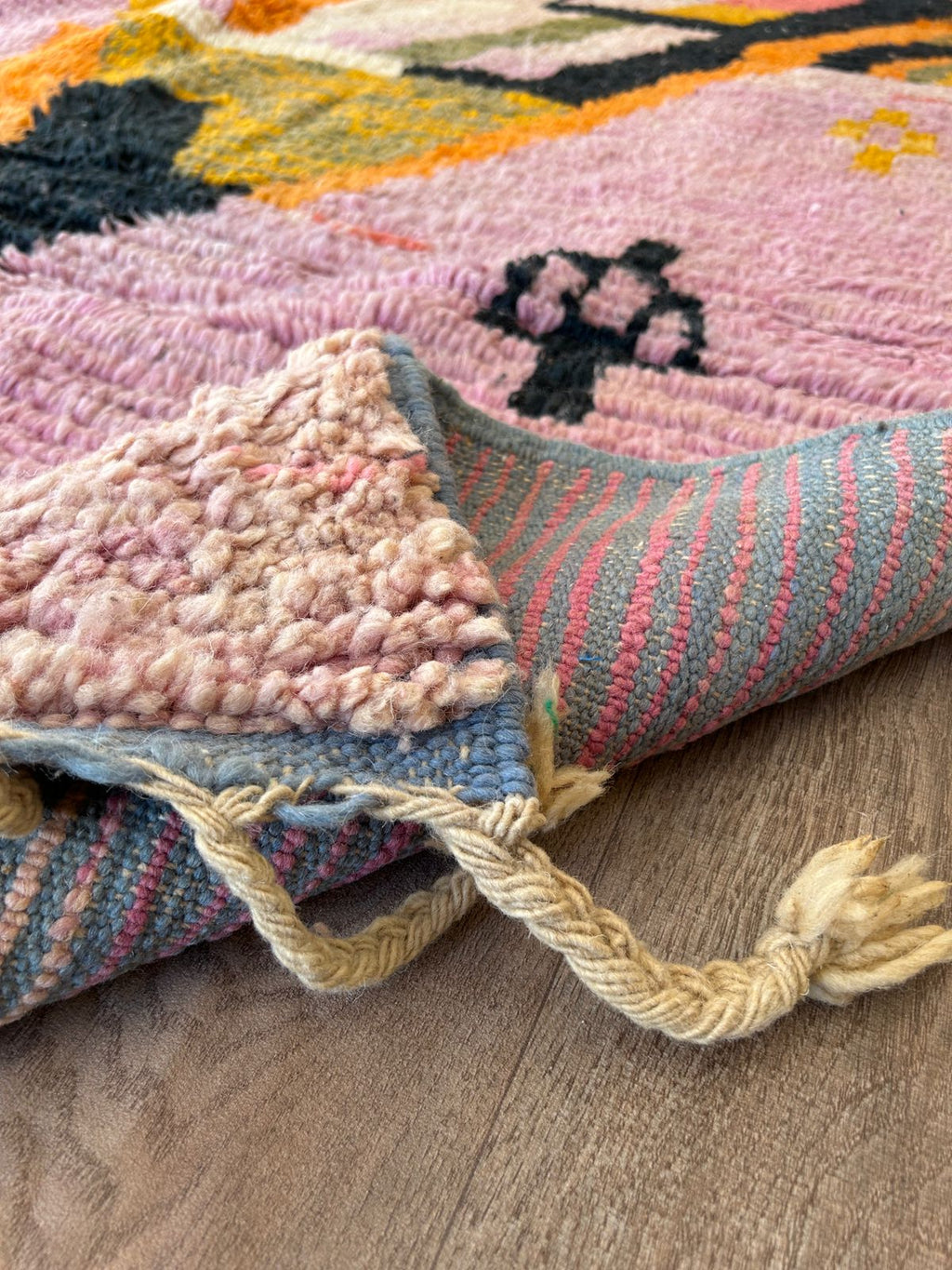 Handmade Moroccan Wool Rug – Abstract Berber Design in Pink, Orange, and Black, Boho Chic Area Carpet with Tassels, Unique Home Decor