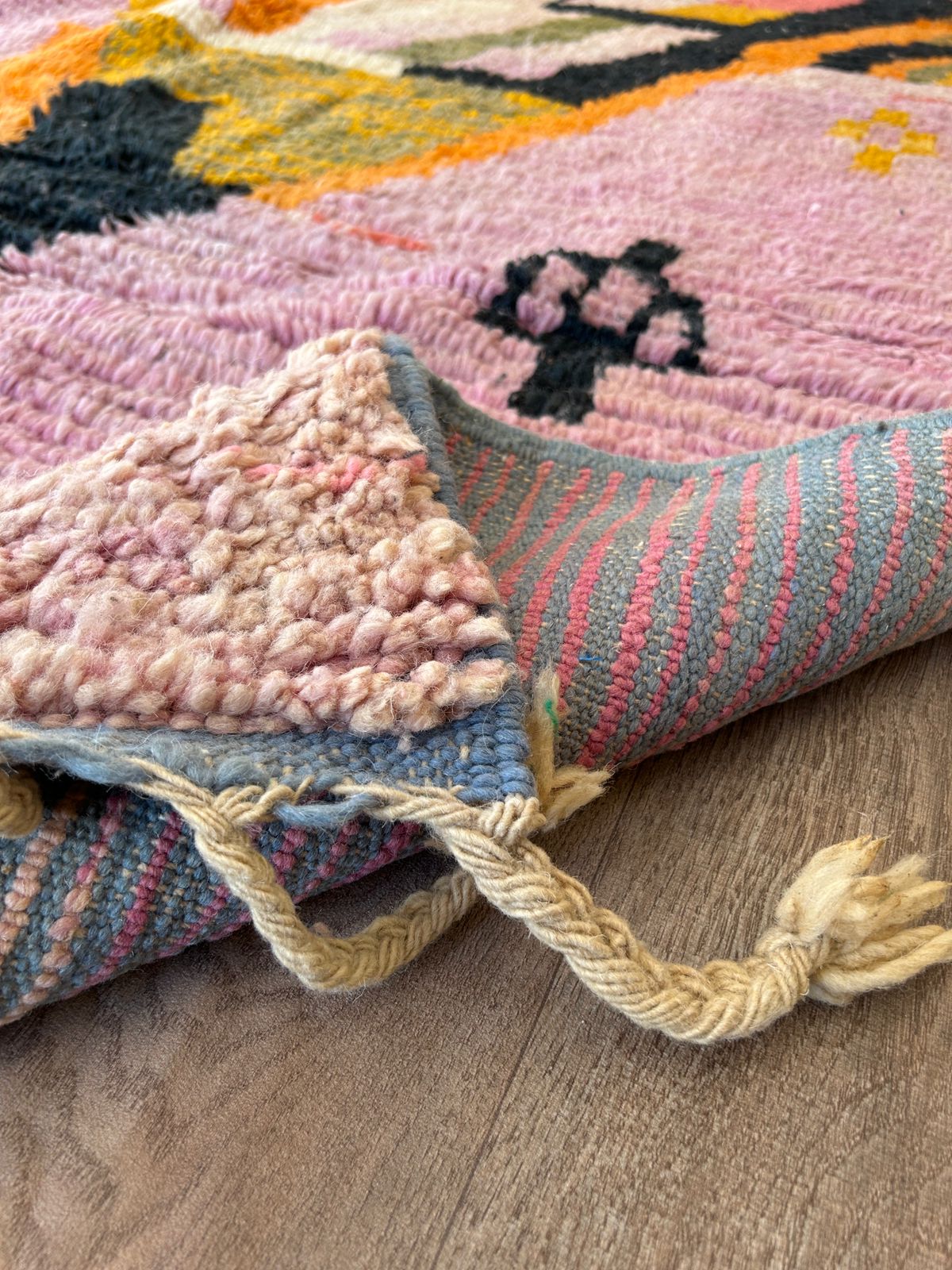 Handmade Moroccan Wool Rug – Abstract Berber Design in Pink, Orange, and Black, Boho Chic Area Carpet with Tassels, Unique Home Decor