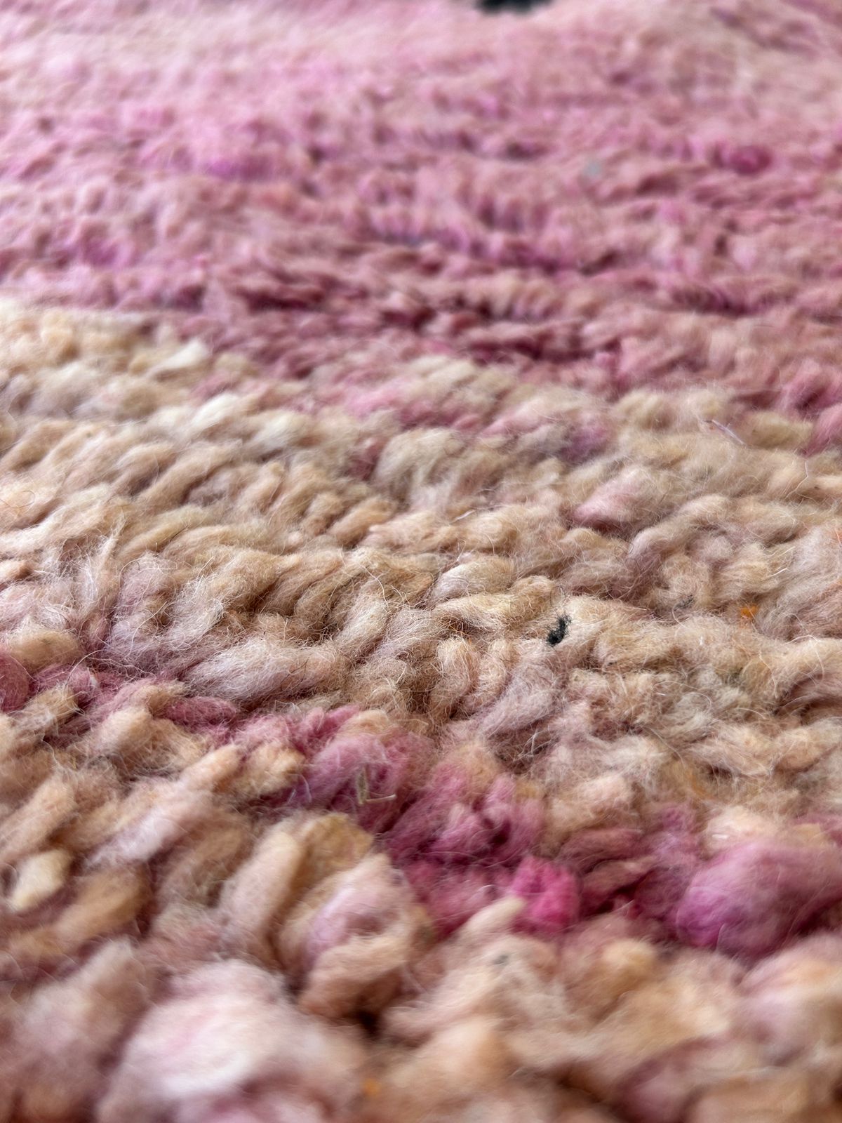 Handmade Moroccan Wool Rug – Abstract Berber Design in Pink, Orange, and Black, Boho Chic Area Carpet with Tassels, Unique Home Decor