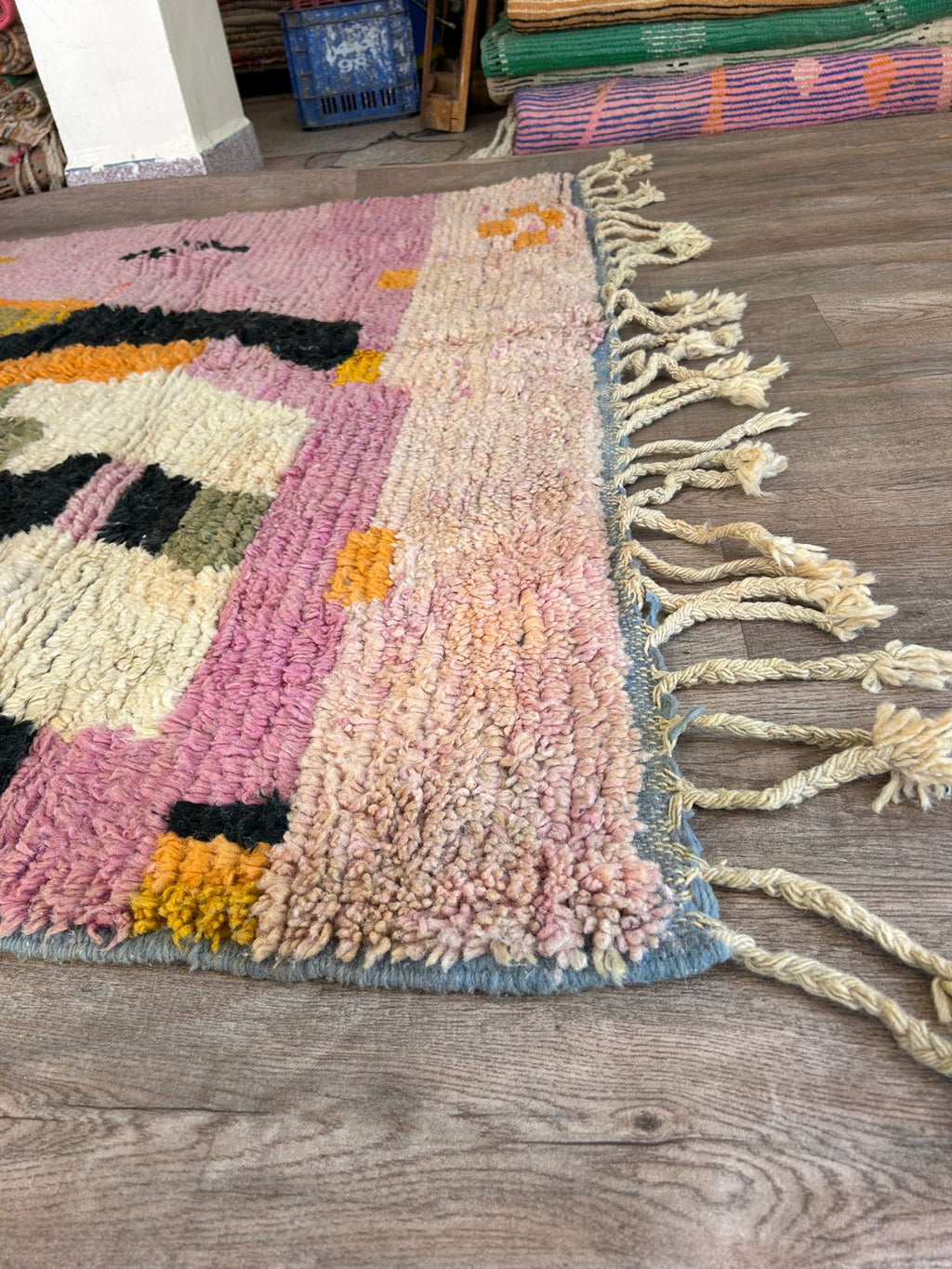 Handmade Moroccan Wool Rug – Abstract Berber Design in Pink, Orange, and Black, Boho Chic Area Carpet with Tassels, Unique Home Decor
