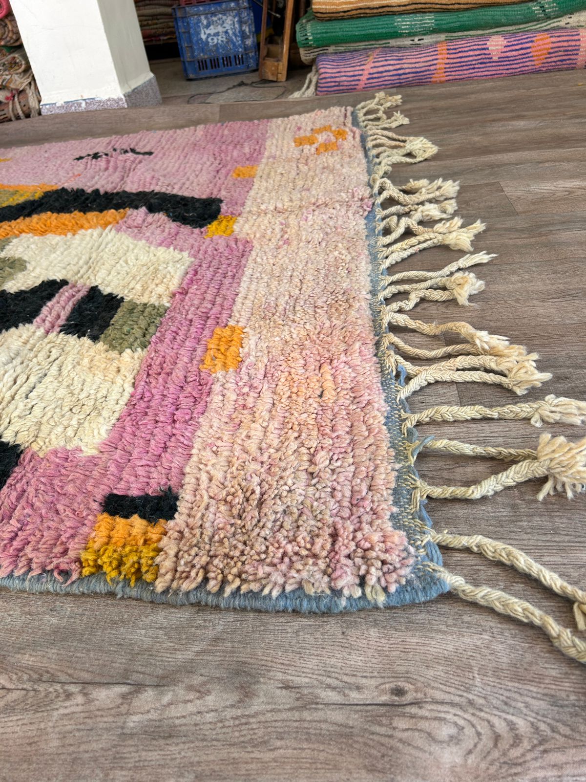Handmade Moroccan Wool Rug – Abstract Berber Design in Pink, Orange, and Black, Boho Chic Area Carpet with Tassels, Unique Home Decor