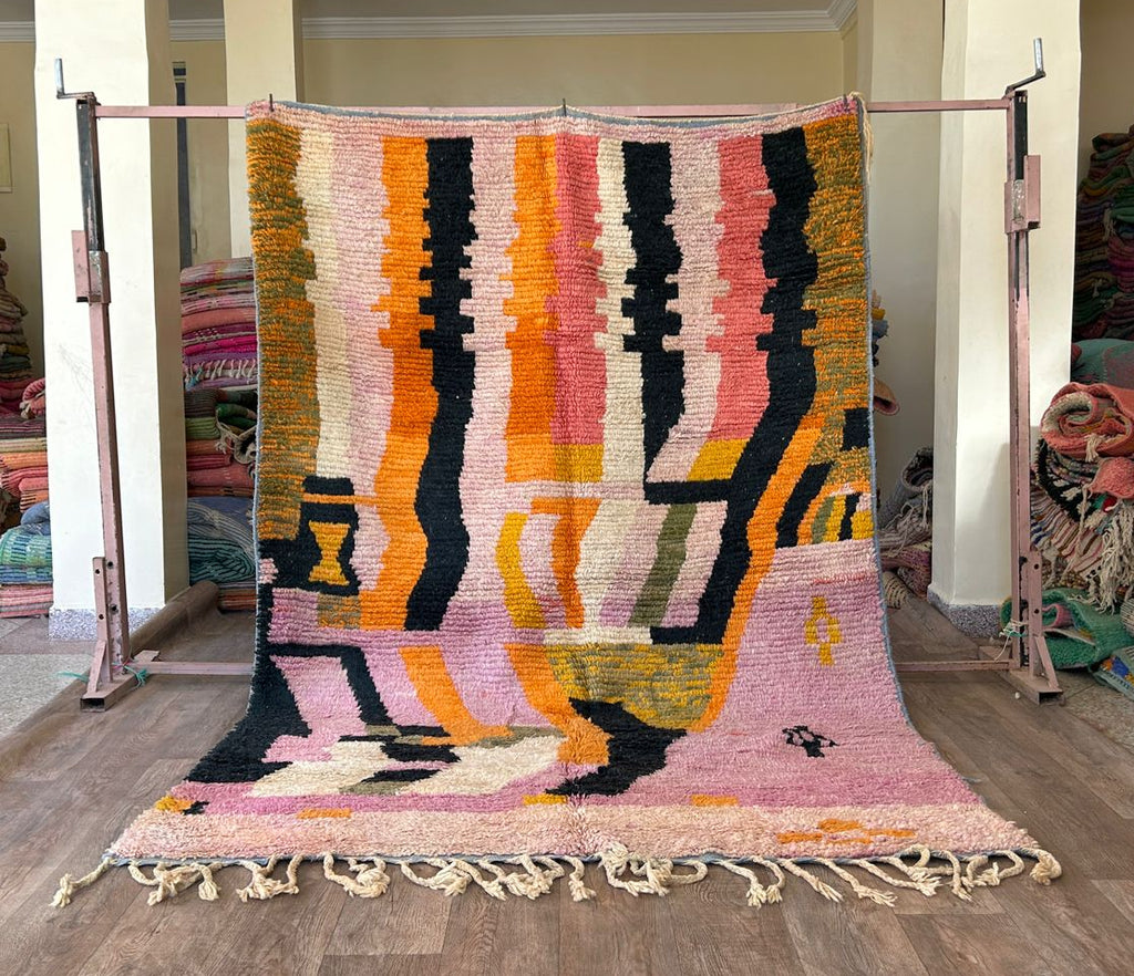 Handmade Moroccan Wool Rug – Abstract Berber Design in Pink, Orange, and Black, Boho Chic Area Carpet with Tassels, Unique Home Decor