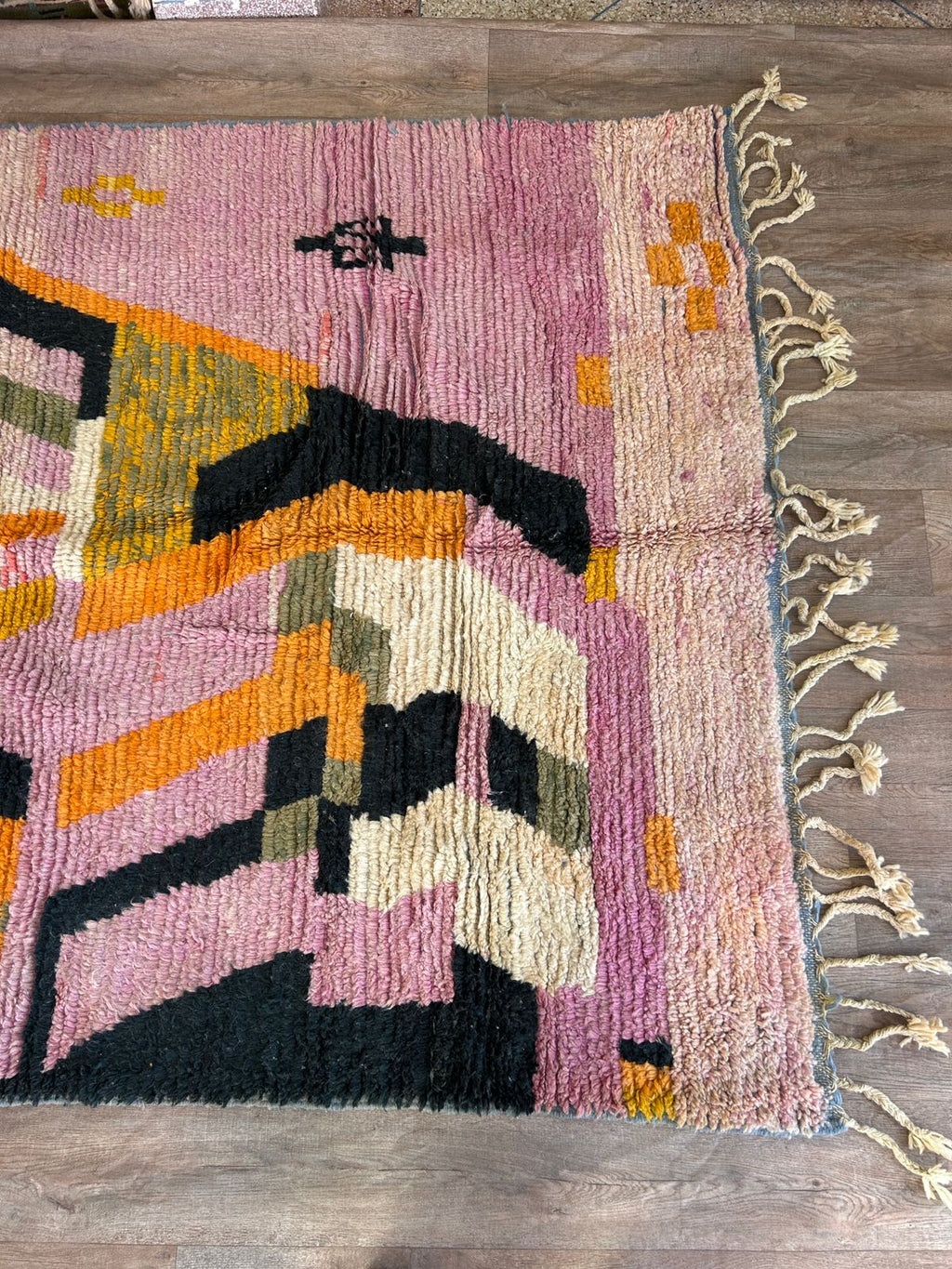 Handmade Moroccan Wool Rug – Abstract Berber Design in Pink, Orange, and Black, Boho Chic Area Carpet with Tassels, Unique Home Decor