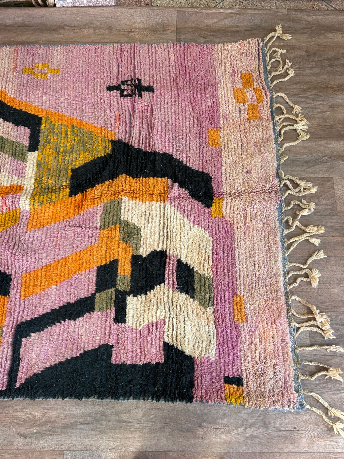 Handmade Moroccan Wool Rug – Abstract Berber Design in Pink, Orange, and Black, Boho Chic Area Carpet with Tassels, Unique Home Decor