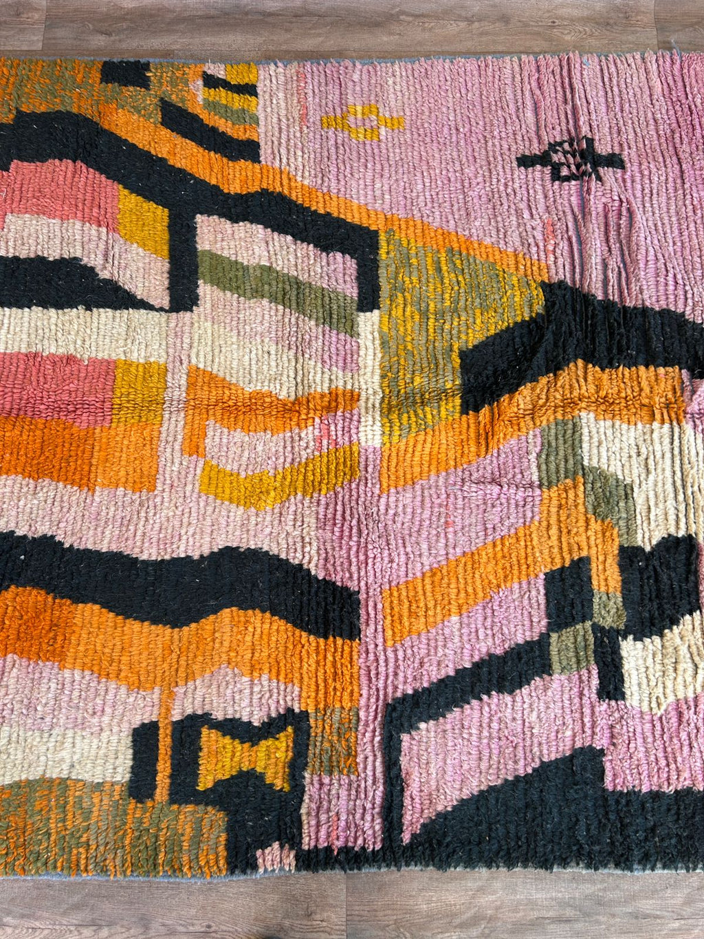 Handmade Moroccan Wool Rug – Abstract Berber Design in Pink, Orange, and Black, Boho Chic Area Carpet with Tassels, Unique Home Decor