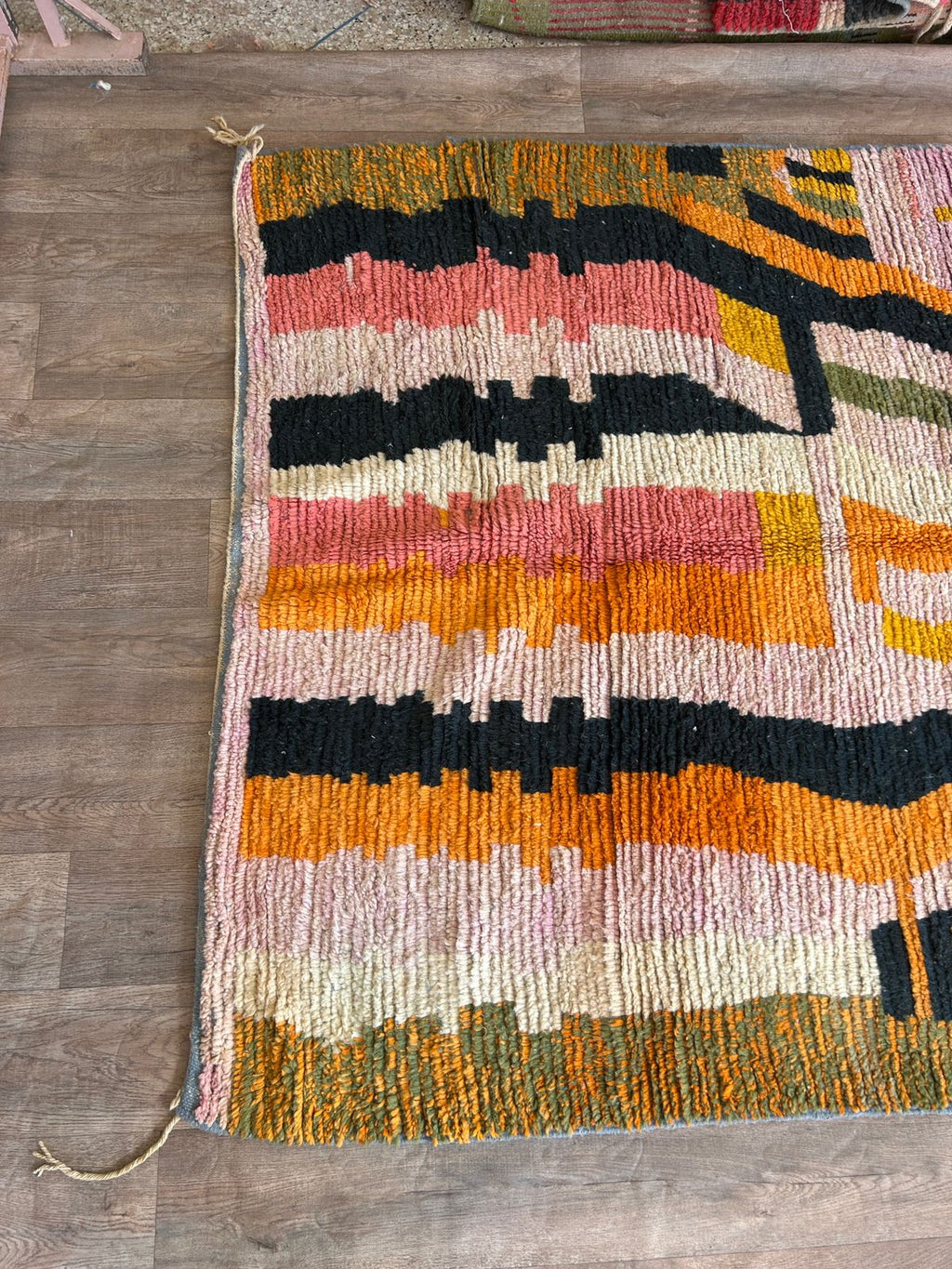 Handmade Moroccan Wool Rug – Abstract Berber Design in Pink, Orange, and Black, Boho Chic Area Carpet with Tassels, Unique Home Decor