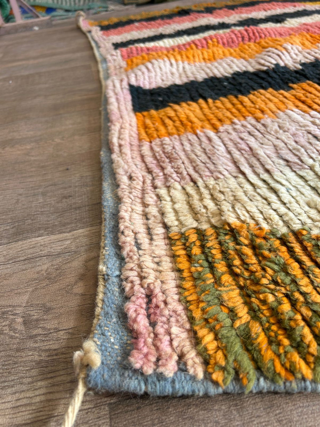 Handmade Moroccan Wool Rug – Abstract Berber Design in Pink, Orange, and Black, Boho Chic Area Carpet with Tassels, Unique Home Decor