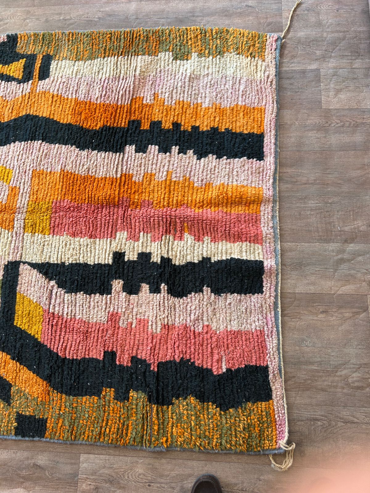 Handmade Moroccan Wool Rug – Abstract Berber Design in Pink, Orange, and Black, Boho Chic Area Carpet with Tassels, Unique Home Decor