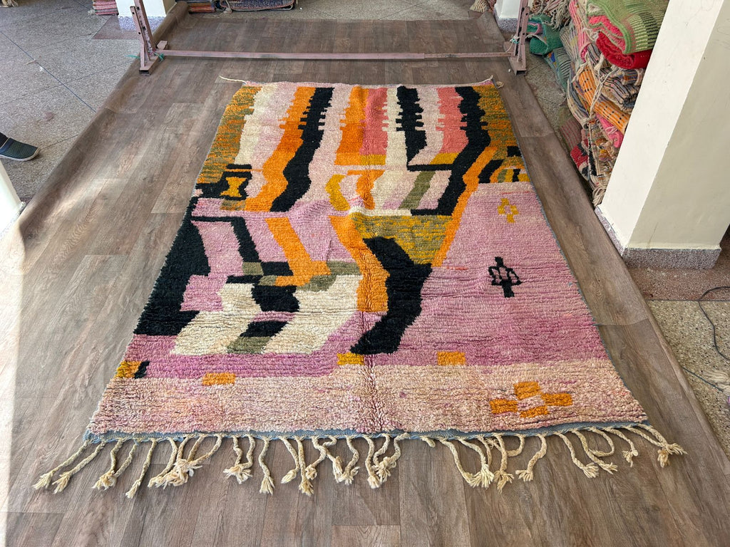 Handmade Moroccan Wool Rug – Abstract Berber Design in Pink, Orange, and Black, Boho Chic Area Carpet with Tassels, Unique Home Decor