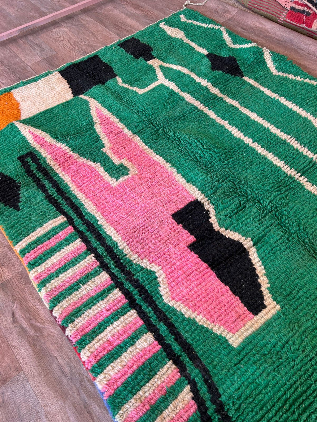 Handmade Moroccan Berber Wool Area Rug- Abstract Green Design with Pink and Black Accents-Boujaad Rug - Large Custom Rug-Tribal Berber Rug