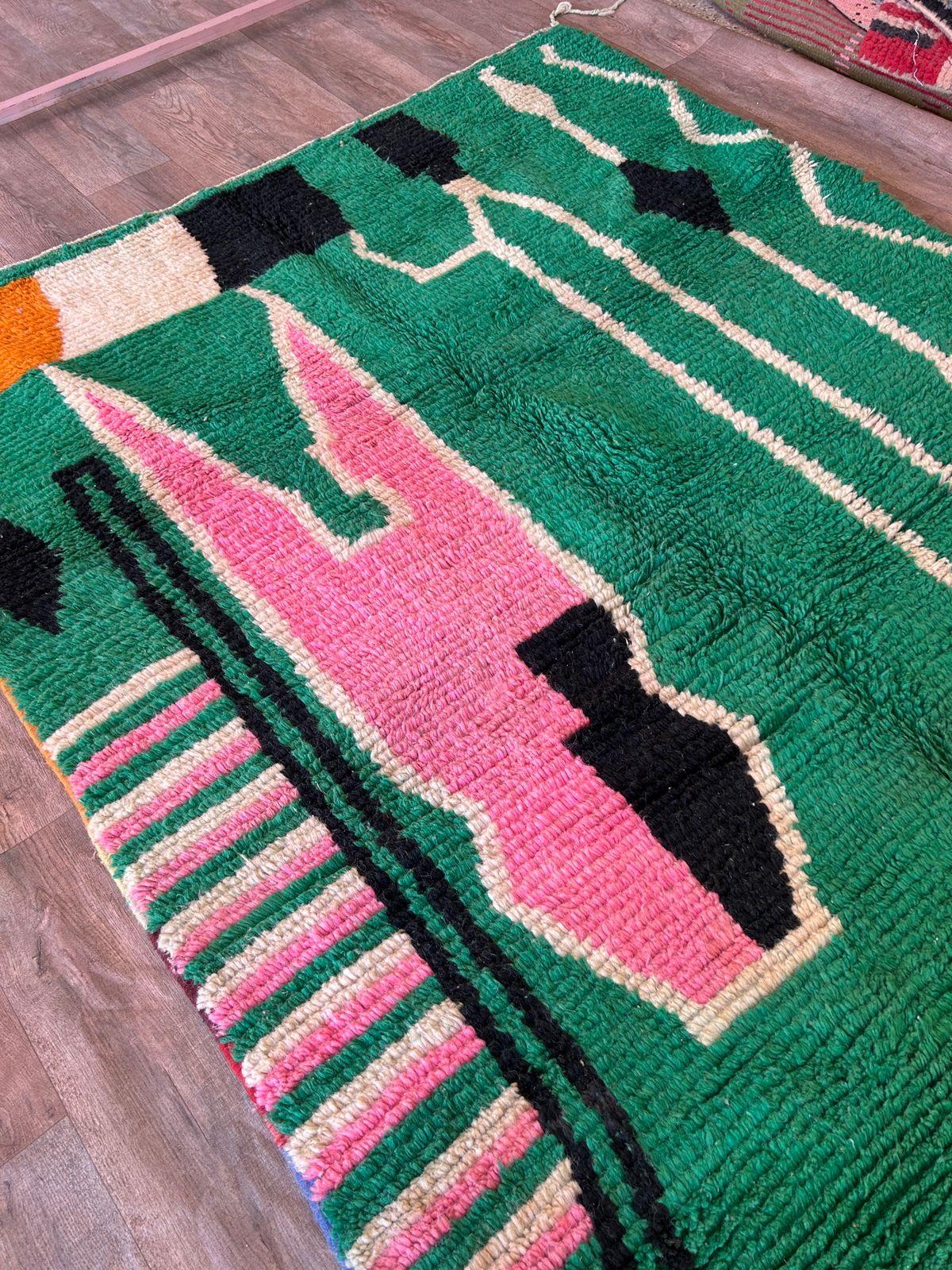 Handmade Moroccan Berber Wool Area Rug- Abstract Green Design with Pink and Black Accents-Boujaad Rug - Large Custom Rug-Tribal Berber Rug