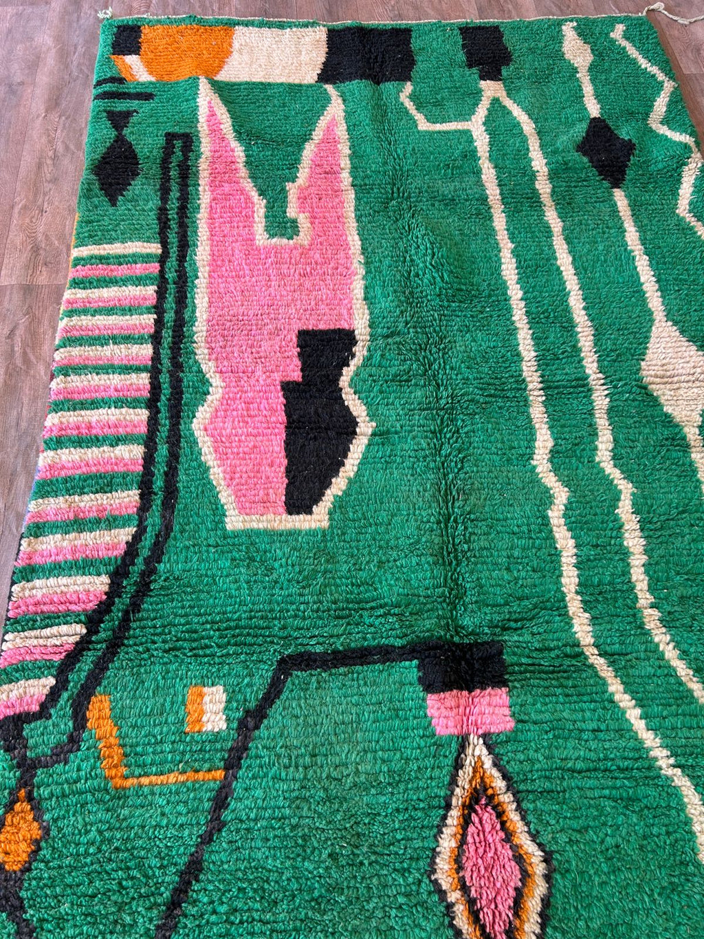 Handmade Moroccan Berber Wool Area Rug- Abstract Green Design with Pink and Black Accents-Boujaad Rug - Large Custom Rug-Tribal Berber Rug