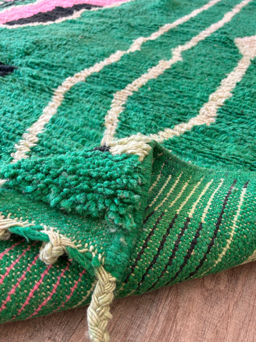 Handmade Moroccan Berber Wool Area Rug- Abstract Green Design with Pink and Black Accents-Boujaad Rug - Large Custom Rug-Tribal Berber Rug