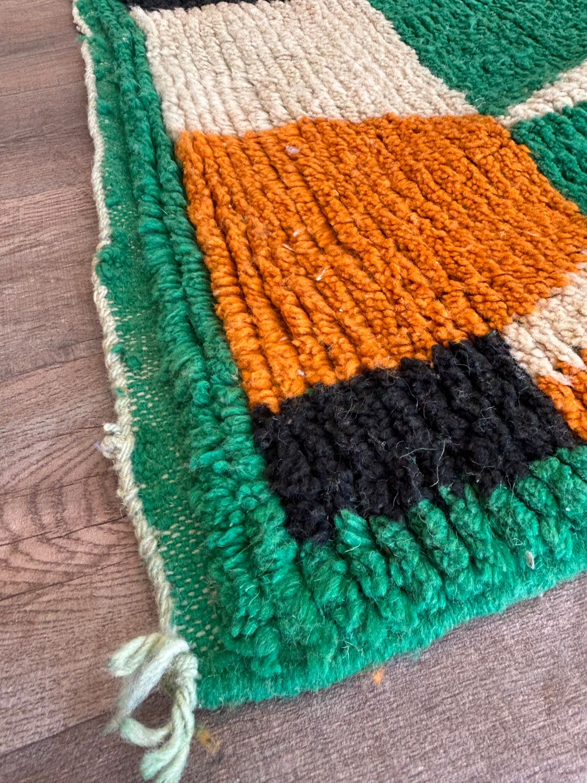 Handmade Moroccan Berber Wool Area Rug- Abstract Green Design with Pink and Black Accents-Boujaad Rug - Large Custom Rug-Tribal Berber Rug