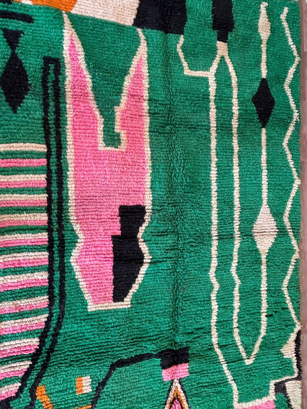 Handmade Moroccan Berber Wool Area Rug- Abstract Green Design with Pink and Black Accents-Boujaad Rug - Large Custom Rug-Tribal Berber Rug