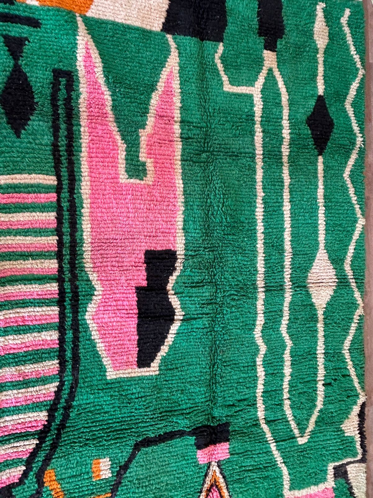 Handmade Moroccan Berber Wool Area Rug- Abstract Green Design with Pink and Black Accents-Boujaad Rug - Large Custom Rug-Tribal Berber Rug