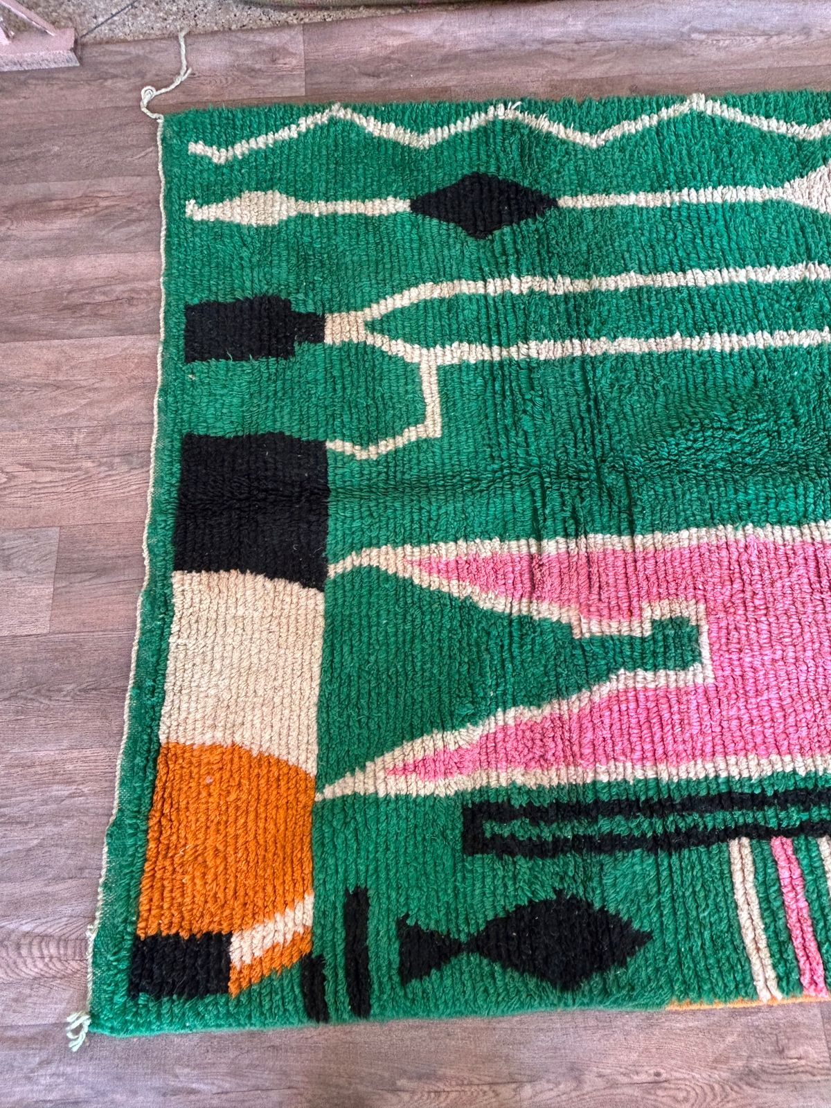 Handmade Moroccan Berber Wool Area Rug- Abstract Green Design with Pink and Black Accents-Boujaad Rug - Large Custom Rug-Tribal Berber Rug