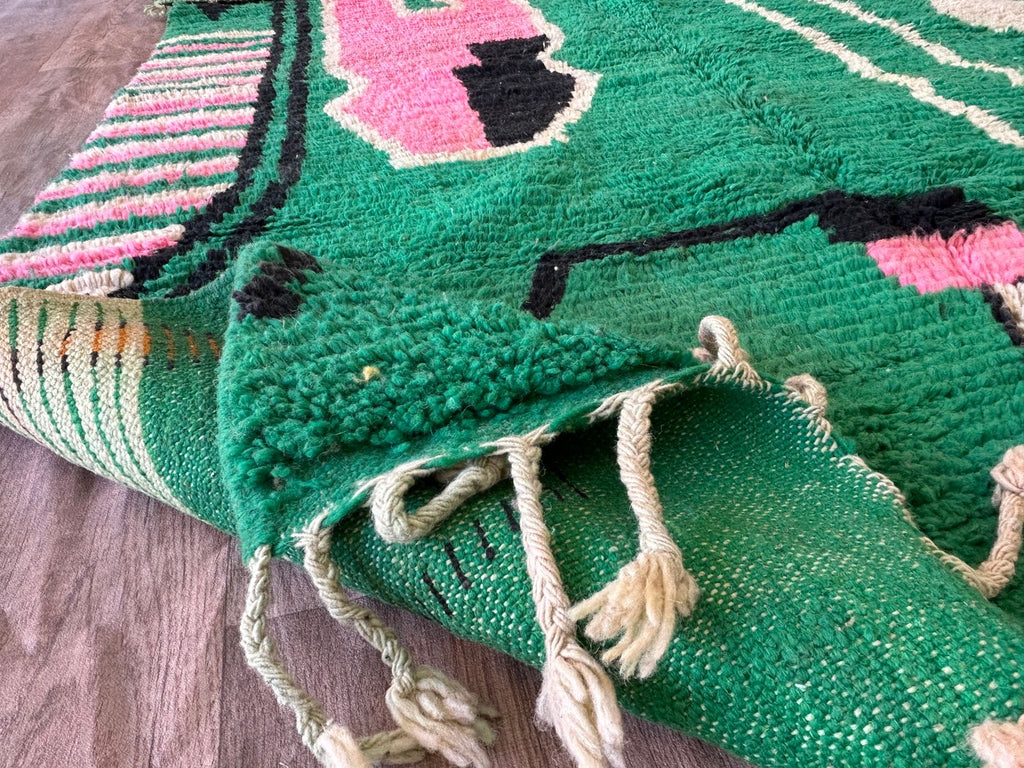 Handmade Moroccan Berber Wool Area Rug- Abstract Green Design with Pink and Black Accents-Boujaad Rug - Large Custom Rug-Tribal Berber Rug