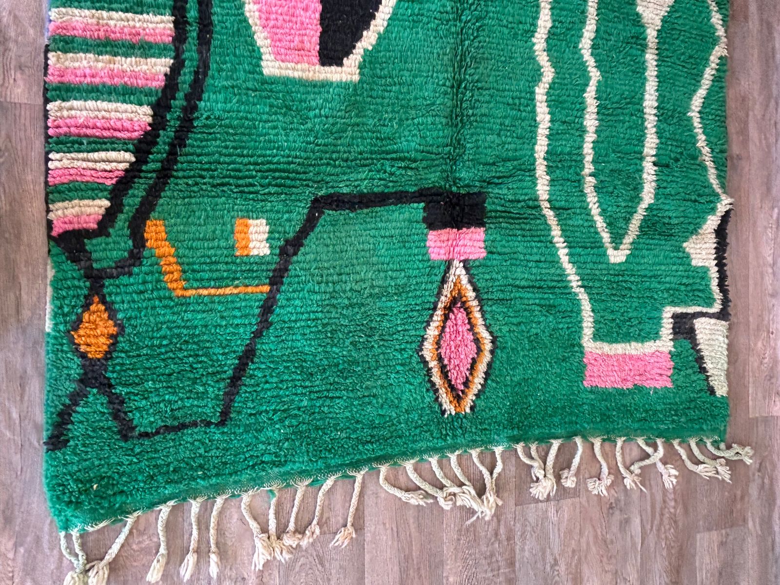 Handmade Moroccan Berber Wool Area Rug- Abstract Green Design with Pink and Black Accents-Boujaad Rug - Large Custom Rug-Tribal Berber Rug